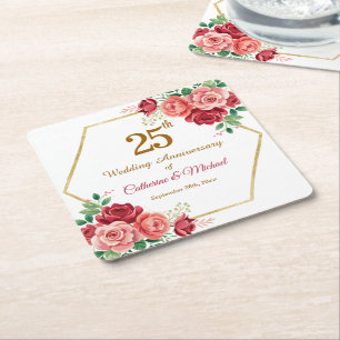25. Hochzeitsjubiläum Goldrahmen Floral Rechteckiger Pappuntersetzer