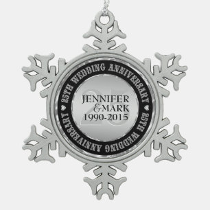 25. Hochzeitsjubiläum Metallic Silber & Schwarz 2 Schneeflocken Zinn-Ornament