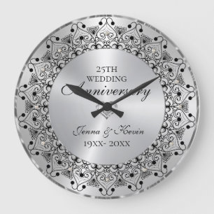 25. Hochzeitsjubiläum Schwarze Mandala auf Silber Große Wanduhr