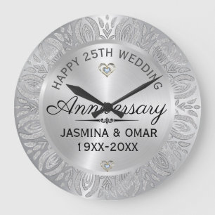 25. Hochzeitsjubiläum Silber & Diamanten Große Wanduhr