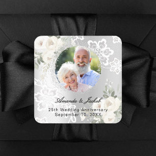 25. Hochzeitsjubiläum Silber-Foto-Blumen  Quadratischer Aufkleber