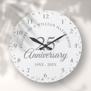 25. Hochzeitsjubiläum Silberne Herzen Konfetti Große Wanduhr