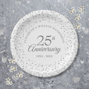 25. Hochzeitsjubiläum Silberne Herzen Konfetti Pappteller