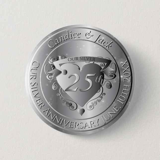 25. Hochzeitsjubiläum silbernes Herz Button (Vorderseite)