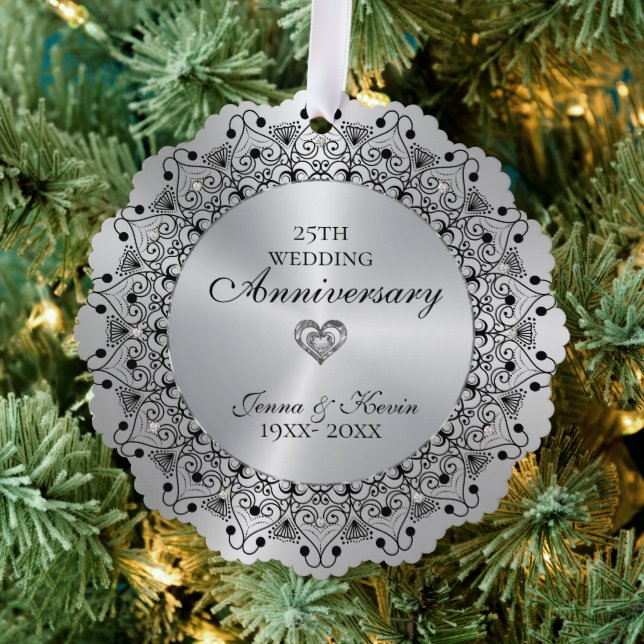 25. Hochzeitstag BlackMandala auf Silber Ornament Karte (Insitu (Baum))