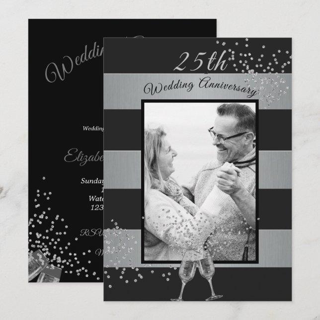 25. Hochzeitstag Foto Black Silver Einladung (Vorne/Hinten)