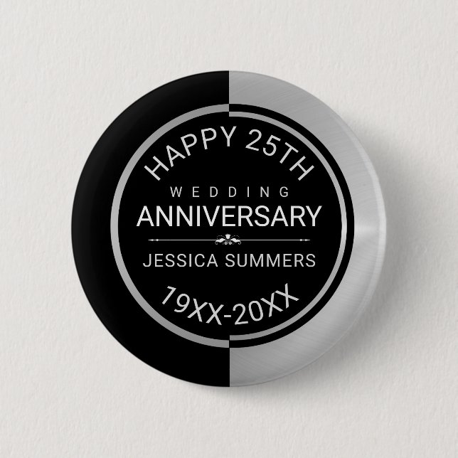 25. Hochzeitstag Geometrisches Schwarz & Silber Button (Vorderseite)