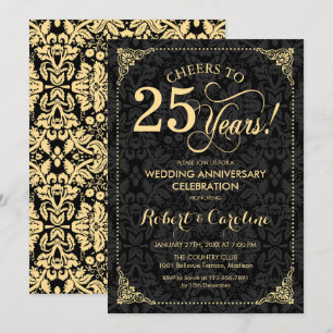 25. Hochzeitstag - Gold Black Damask Einladung