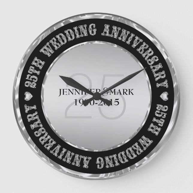 25. Hochzeitstag Metallic Silver & Black Große Wanduhr (Vorderseite)