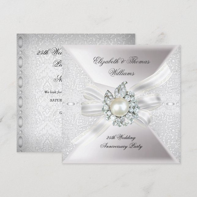 25. Hochzeitstag Party Lace Pearl White Einladung (Vorne/Hinten)