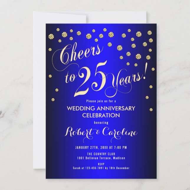 25. Hochzeitstag - Royal Blue & Gold Einladung (Vorderseite)