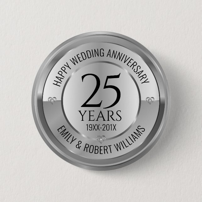 25. Hochzeitstag Schwarz-Silber-Taste Button (Vorderseite)