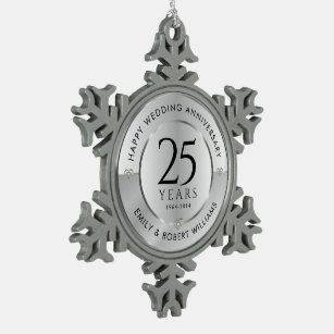 25. Hochzeitstag, schwarz und silber Schneeflocken Zinn-Ornament
