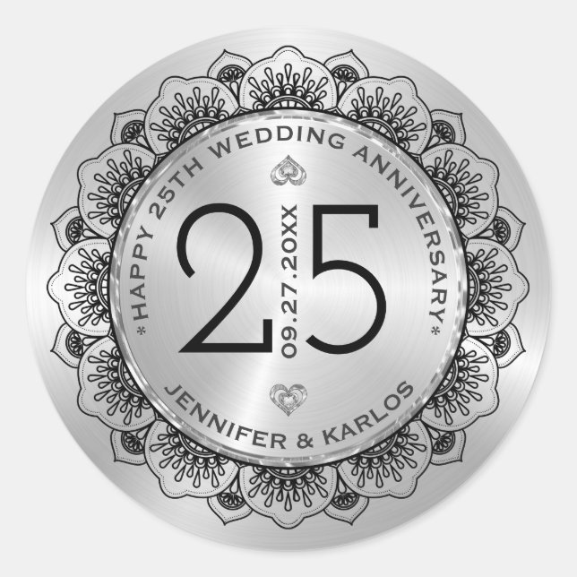 25. Hochzeitstag schwarze Spitze & Silber Runder Aufkleber (Vorderseite)