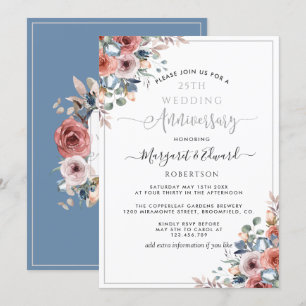 25. Hochzeitstag, Silber Blau Errötend Floral Einladung