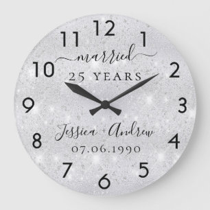 25. Hochzeitstag Silber Glitter Staub Große Wanduhr