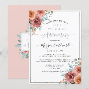 25. Hochzeitstag, Silber-Minz-Pfirsich-Blütenmuste Einladung