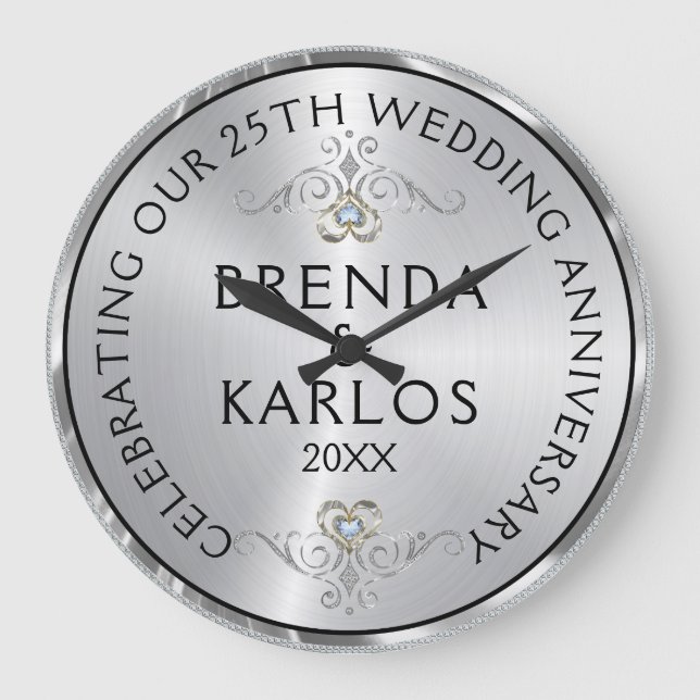 25. Hochzeitstag - Silberdiamanten Große Wanduhr (Vorderseite)