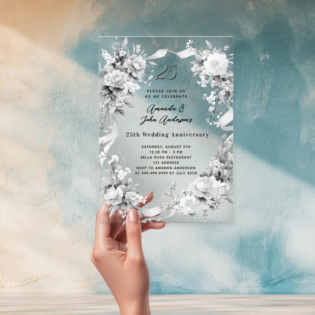 25. Hochzeitstag Silberfloralen klar Acryleinladungen (Von Creator hochgeladen)
