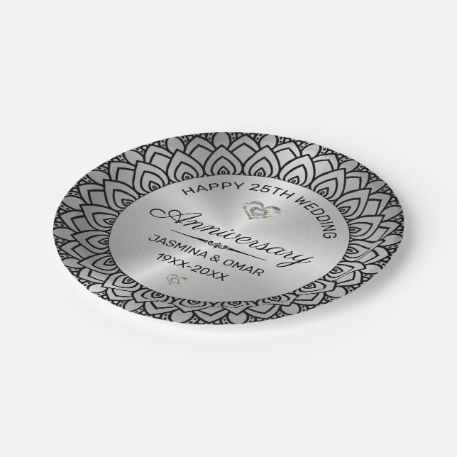 25. Hochzeitstag Silver & Black Mandala Pappteller (Schrägansicht)