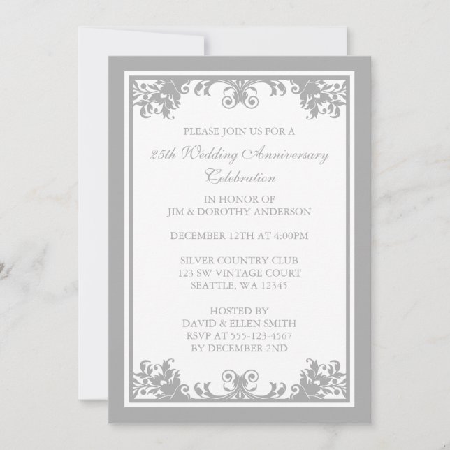 25. Hochzeitstag Silver Blüh Scroll Einladung (Vorderseite)