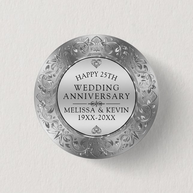 25. Hochzeitstag Silver Floral Frame Button (Vorderseite)