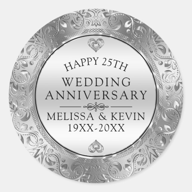 25. Hochzeitstag Silver Floral Frame Runder Aufkleber (Vorderseite)