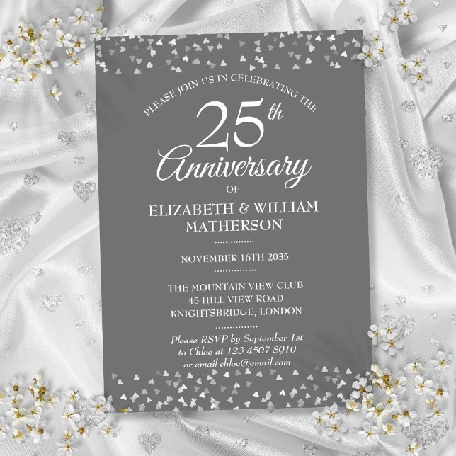 25. Hochzeitstag Silver Hearts Confetti Einladung (25th Weddding Anniversary Silver Hearts Confetti Invitation)