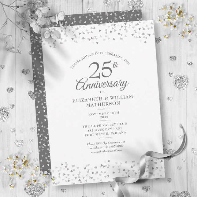 25. Hochzeitstag Silver Hearts Confetti Einladung (25th Wedding Anniversary Silver Hearts Confetti Invitation)