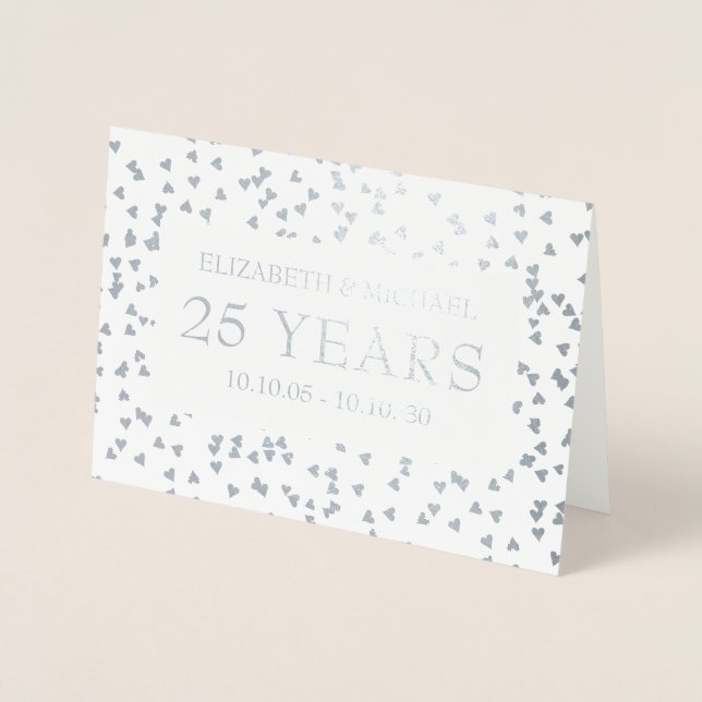 25. Hochzeitstag Silver Hearts Confetti Folienkarte (Vorderseite)