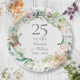 25. Hochzeitstag Silver Watercolor Floral Pappteller