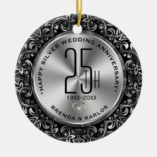 25. Hochzeitstag Vintages silbernes Rahmen Keramik Ornament (Vorne)