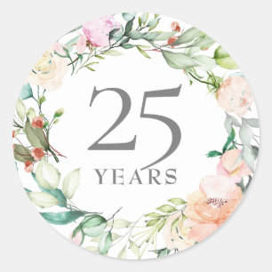 25 Jahre silberne Hochzeit Florale Rosen Runder Aufkleber