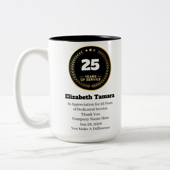 25-jähriges Arbeitsjahr | Mitarbeiteraufwertung Zweifarbige Tasse (Links)