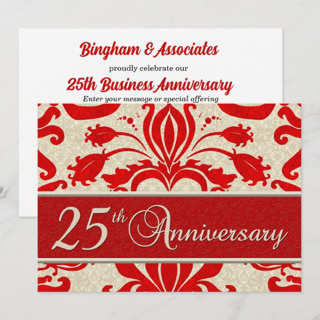 25-jähriges Business Red Damask Einladung (Vorne/Hinten)