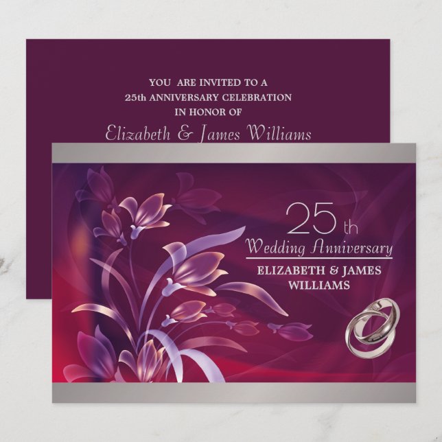 25-jähriges Floral Burgundy Silver Einladung (Vorne/Hinten)