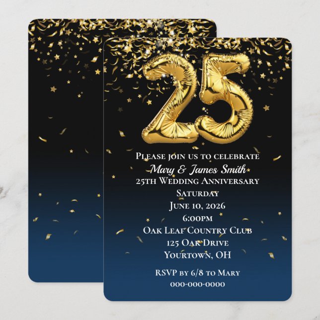 25-jähriges Gold Balloons & Confetti Einladung (Vorne/Hinten)