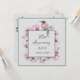 25. Jubiläum Aquarellfarbe Rosa Blume und Vögel Einladung