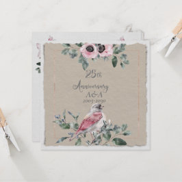 25. Jubiläum Aquarellfarbe Rosa Blume und Vögel Einladung