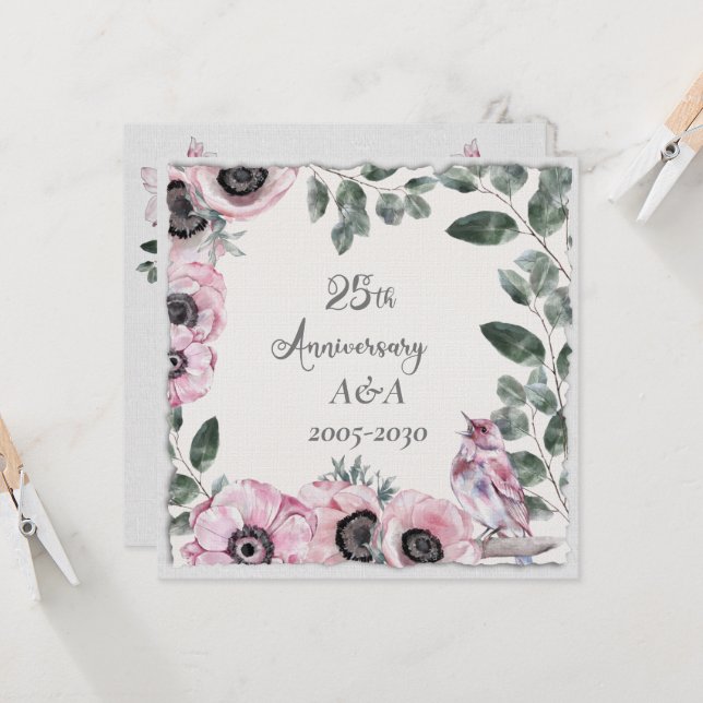 25. Jubiläum Aquarellfarbe Rosa Blume und Vögel Einladung (Vorderseite/Rückseite Beispiel)