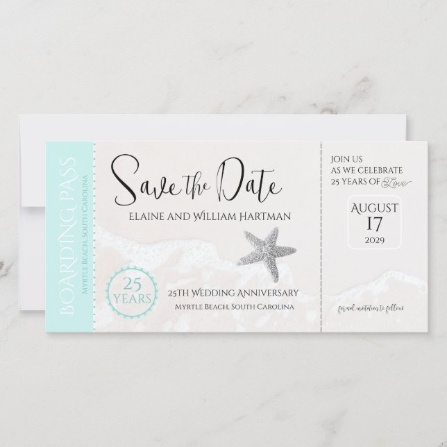 25. Jubiläum Beach Boarding Pass Save the Date (Vorderseite)