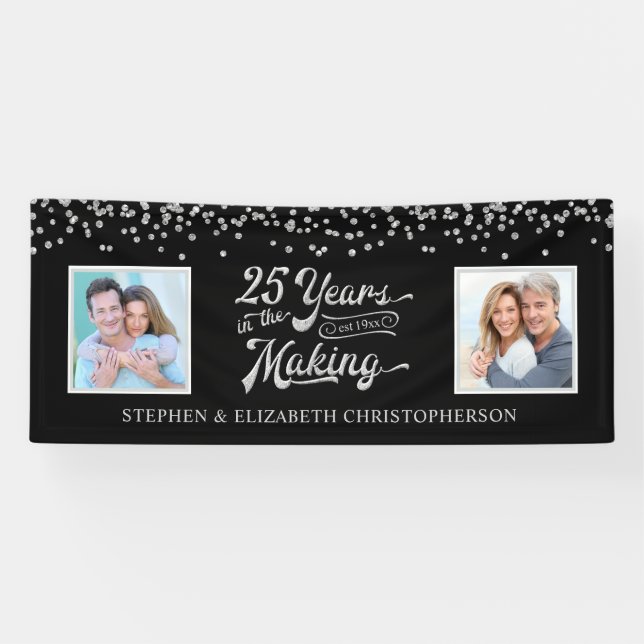 25. Jubiläum Dann & Jetzt Fotos Silver Confetti Banner (Horizontal)