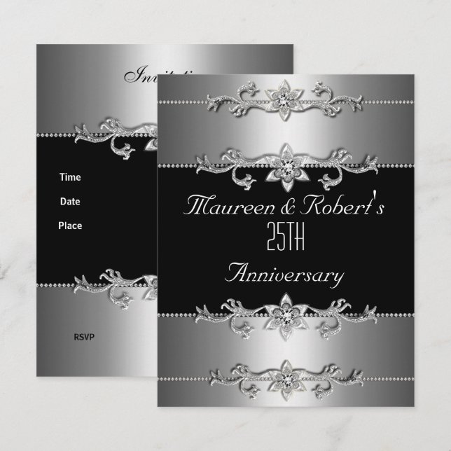 25. Jubiläum Einladung Elegant Black Silver 3 (Vorne/Hinten)