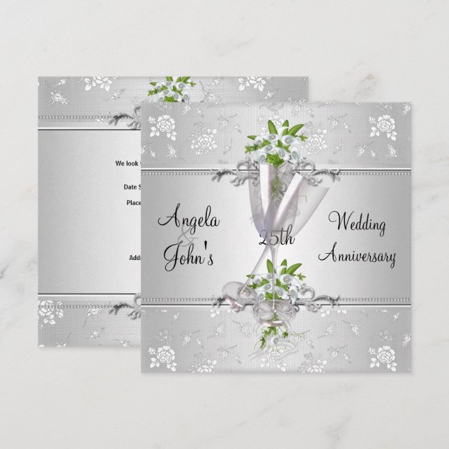 25. Jubiläum Elegant Silver White Floral Einladung (Vorne/Hinten)