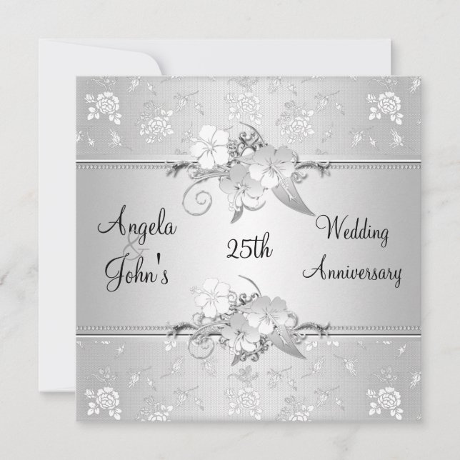 25. Jubiläum Elegant Silver White Floral Einladung (Vorderseite)