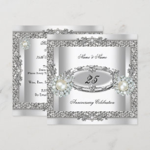 25. Jubiläum Elegant White Silver Pearl Lace 2 Einladung