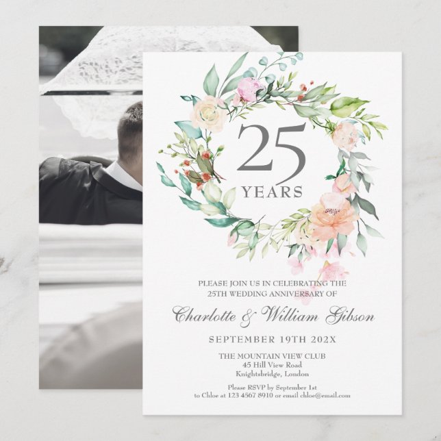 25. Jubiläum Hochzeit Foto Rose Garland Einladung (Vorne/Hinten)
