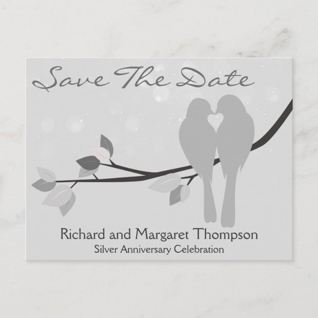 25. Jubiläum Lovebirds Save the Date Ankündigungspostkarte (Vorderseite)