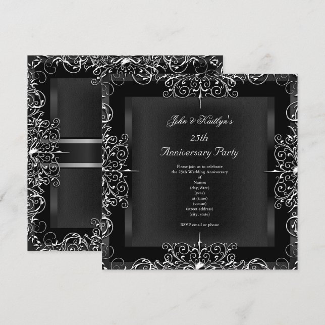 25. Jubiläum Party Chalkboard Silver Floral Einladung (Vorne/Hinten)