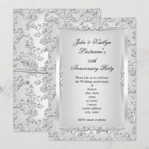 25. Jubiläum Party Rose Damask Silver White Einladung